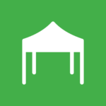 White tent icon on a green background